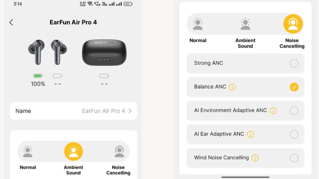 EarFun Air Pro 4 إلغاء الضوضاء النشط (ANC)